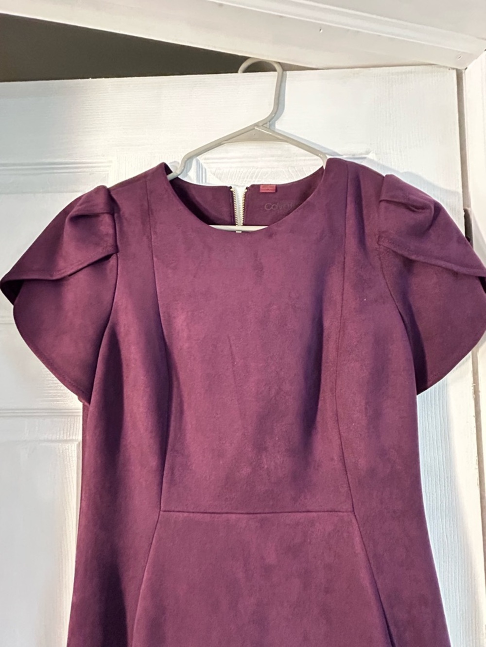 Calvin Klein Faux Suede Deep Purple Midi Dress with Sculpted Puff Sleeves - Picture 4 of 5